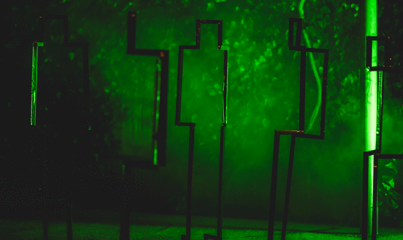 Detail of sculpture illuminated with green light from the "Eternal Shift" project for Llum BCN - IED Barcelona