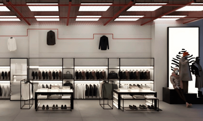 Men's section of a clothing store designed with a terracotta-colored metal mesh roof and a line that unifies the entire perimeter IED Barcelona