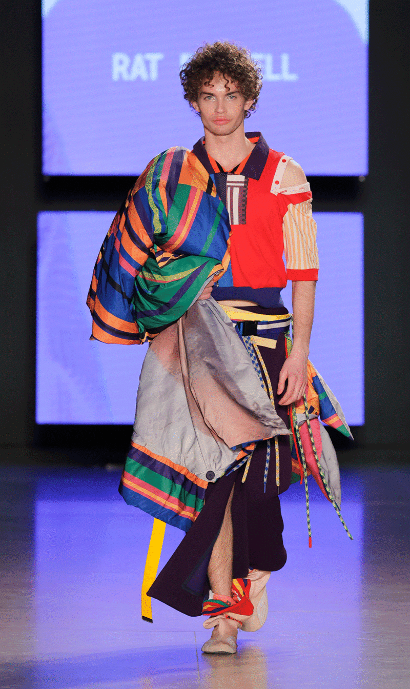 Male model parading with the collection "El viatge que mai hem fet" by the fashion designer who graduated from the IED Barcelona Rat Borrell for ModaLisboa