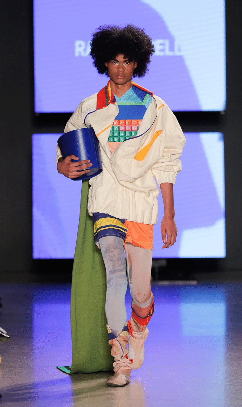 Male model parading with the collection "El viatge que mai hem fet" by the fashion designer who graduated from the IED Barcelona Rat Borrell for ModaLisboa