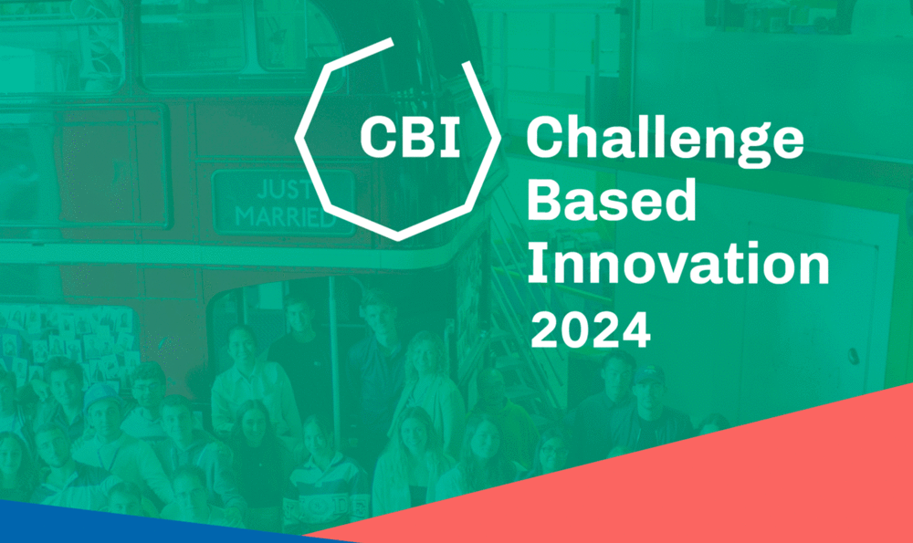 Poster in green, red and blue of the "Challenge Based Innovation" program in which IED Barcelona participates