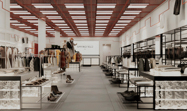 Interior design of a clothing store with a terracotta-colored metal mesh ceiling and a line that unifies the entire perimeter IED Barcelona